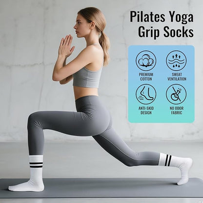 5 Pairs Pilates Socks with Grips for Women - Grip Yoga Socks for Women Non Slip Grippy Sock for Pure Barre, Dance, Barefoot, Workout, Hospital Sticky Slipper Socks-Pink/White/Black/Gray/Blue