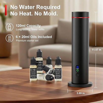 Waterless Diffuser, 1000 Sq.Ft Coverage, Essential Oil Diffuser with Tilt-Safe, Remote Control, Adjustable Mist Mode, Mood Lights Aromatherapy Diffuser for Home, Large Room, Office, Hotel, Black