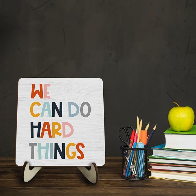 Decorative Desk Decor Motivational Affirmations Plaque with Wooden Stand Inspirational Mental Health Wood Sign for Office Nursery Homeschool Classroom Education Reading Corner Table Shelf