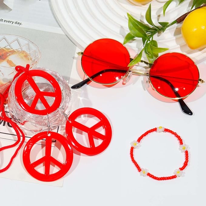 6 Pcs Hippie Costume Accessories Set, Flower Hippie Headband Boho Peace Sign Necklace Earrings Sunglasses Bracelet