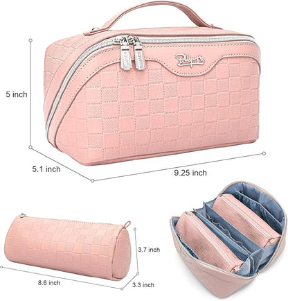 BOYATU Travel Makeup Bag Organizer Cosmetic Bag: 3 Pcs Set Make up Bags for Women with Handle - Waterproof Vegan Leather Toiletry Bags Travel Essentials Pouch with Compartments (C-05-Pink)