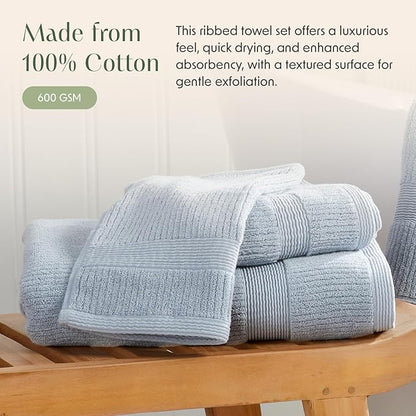 Springtree Home Blue Bath Towels Set of 6 | Ribbed Textured | 100% Combed Cotton | Absorbent Quick-Dry Towels for Bathroom | Oeko-TEX® Standard 100 Cotton | Mauro Collection - Blue Fog