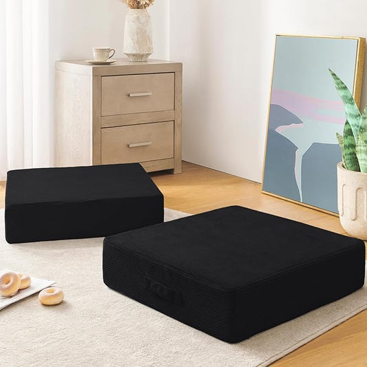 Solid Square Floor Pillows for Adults Kids - Large Meditation Floor Pillow Seating Cushion with Thick Foam & Washable Velvet Cover, 2 Pack, 22x22x5 Inch, Black