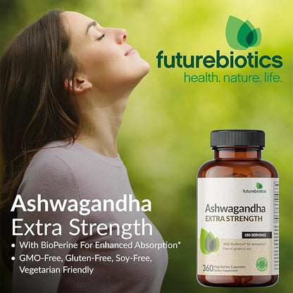 Futurebiotics Ashwagandha Extra Strength Stress & Mood Support with BioPerine - Non GMO Formula, 200 Vegetarian Capsules