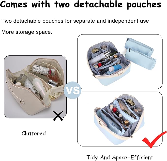 BOYATU Travel Makeup Bag Organizer Cosmetic Bag: 3 Pcs Set Make up Bags for Women with Handle - Waterproof Vegan Leather Toiletry Bags Travel Essentials Pouch with Compartments (D-05-Blue)