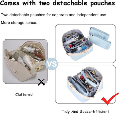 BOYATU Travel Makeup Bag Organizer Cosmetic Bag: 3 Pcs Set Make up Bags for Women with Handle - Waterproof Vegan Leather Toiletry Bags Travel Essentials Pouch with Compartments (D-05-Blue)
