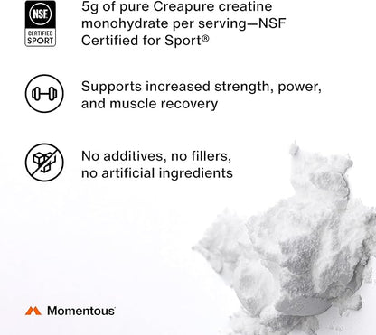 Momentous Creatine Monohydrate Powder - Creapure Creatine Powder - Supports Strength, Lean Muscle, & Recovery for Men & Women - NSF Certified for Sport - 5 g per Serving - 90 Servings