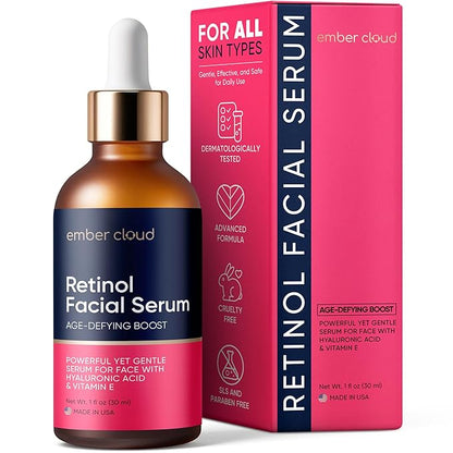 Retinol Serum for Face with Hyaluronic Acid, Vitamin E & Aloe Vera Anti-Aging Serum - All Skin Types - Supports Even Tone - Day and Night - Made in USA - 1 Oz