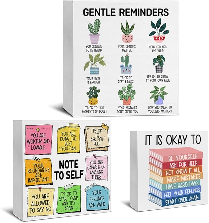 3 Pcs Mental Health Wood Signs Decor Psychology Wood Block Signs Gentle Reminders Note to Self It Is Okay to Be Yourself Wooden Box Signs Classroom Therapy Office Decorations
