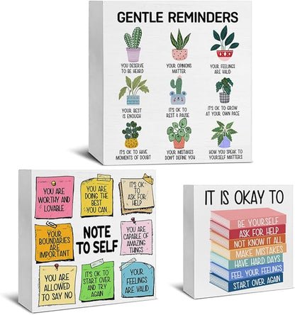 3 Pcs Mental Health Wood Signs Decor Psychology Wood Block Signs Gentle Reminders Note to Self It Is Okay to Be Yourself Wooden Box Signs Classroom Therapy Office Decorations