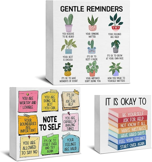 3 Pcs Mental Health Wood Signs Decor Psychology Wood Block Signs Gentle Reminders Note to Self It Is Okay to Be Yourself Wooden Box Signs Classroom Therapy Office Decorations