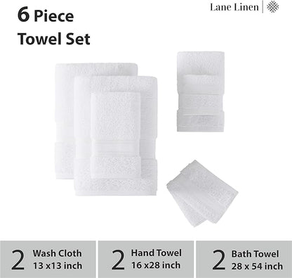 LANE LINEN Luxury Bath Towels Set - 6 Piece 100% CottonBathroom Zero Twist Shower Extra Absorbent Towel Super Soft 2 Hand Wash Cloths White