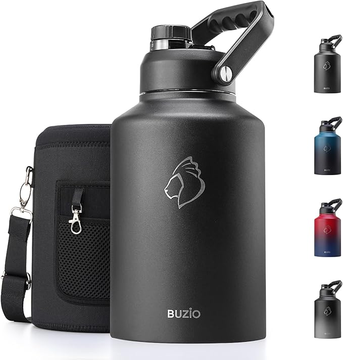 BUZIO 1 Gallon Water Bottle Insulated, (Cold for 48 Hrs) 3.58in Big Wide Mouth Leak Proof, 128oz Large Water Jug Stainless Steel Metal Flask with Handle for Camping,Outdoor Work,Travel,Hiking, Black