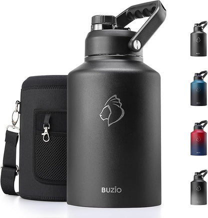 BUZIO 1 Gallon Water Bottle Insulated, (Cold for 48 Hrs) 3.58in Big Wide Mouth Leak Proof, 128oz Large Water Jug Stainless Steel Metal Flask with Handle for Camping,Outdoor Work,Travel,Hiking, Black
