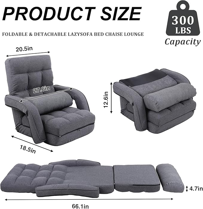 Adjustable Floor Chair for Adults with Back Suppor,5-Position Folding Lazy Sofa with Pillow, Gaming & Meditation Chair with Breathable Fabric - for Living Room, Bedroom, Office,Balcony (Grey)