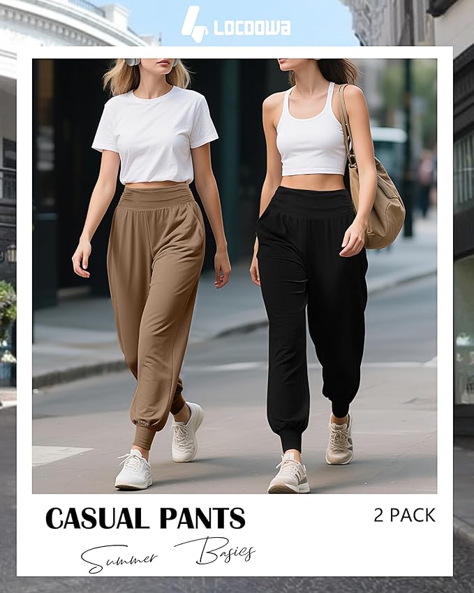 2 Pack Women's Yoga Joggers, Cozy Sweatpants with Pockets Casual Loose Comfy High Waisted Lounge Pants