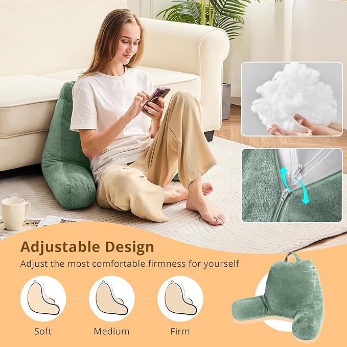 Sasttie Reading Pillow, Velvet Back Pillow for Bed Sitting Up, Adult Back-Rest Support Cushion with Arms for Sit Up on Couch, Sofa, and Floor, Dorm Essentials, Reading Accessories, Sage
