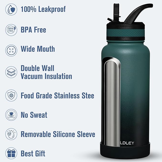 OLDLEY 32 oz Insulated Water Bottle With Straw, Stainless Steel Sports Water Cup Flask with 3 Lids(Straw, Spout and Handle Lid) Double Walled Travel Thermal Canteen Mug,Midnight Black