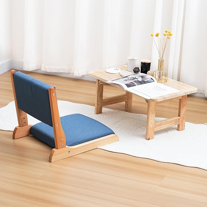 Japanese Floor Chair with Back Support, Foldable Meditation Chair, Legless Tatami Chair with Cushion, Floor Seat for Living Room, Bedroom, Bay Window (2, Blue)