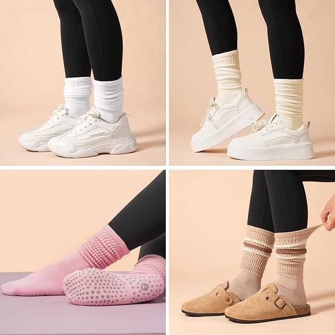 Grip Pilates Slouch Socks for Women, Non Slip Scrunch Yoga Barre, Grippy Slouchy Knee High Boot Socks for Hospital