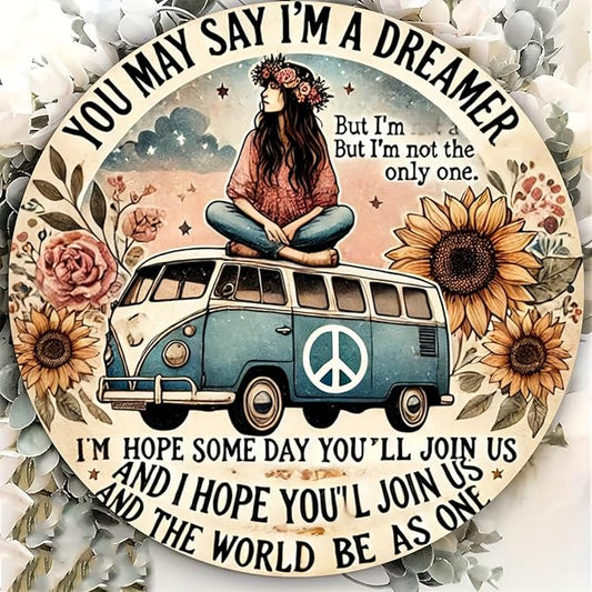 Hippie Van Round Aluminum Sign "Dreamer" Quote Wall Art Decor, Retro Floral Peace Bus Home Decoration, Funny Tin Plaque for Kitchen, Restaurant,Garage - 1 Piece Vintage Engraved 7.8 Inch