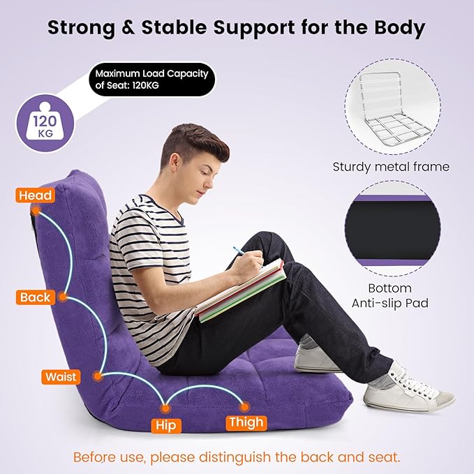 Moccha 14-Position Floor Chair, Folding Sofa Chair with Back Support, Memory Foam Floor Gaming Chairs for Adults, Adjustable Padded Couch Recliner Sleeper Bed for Reading, Meditating, Purple