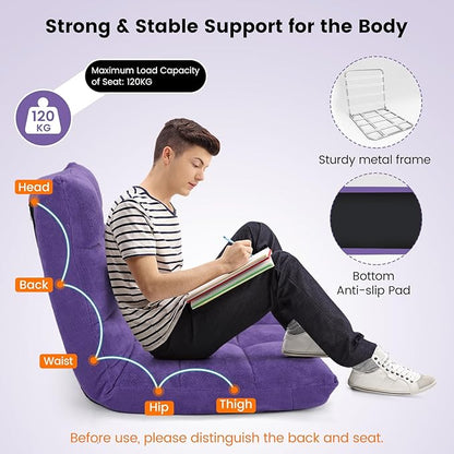 Moccha 14-Position Floor Chair, Folding Sofa Chair with Back Support, Memory Foam Floor Gaming Chairs for Adults, Adjustable Padded Couch Recliner Sleeper Bed for Reading, Meditating, Purple