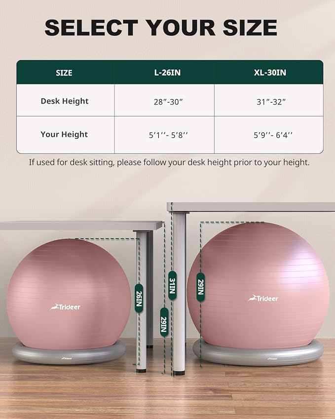 Trideer Exercise Yoga Ball Chair with Base for Home Office Desk, Stability & Fitness Ball Seat to Relieve Back Pain, Home Gym Workout for Abs, Pregnancy Ball with Pump