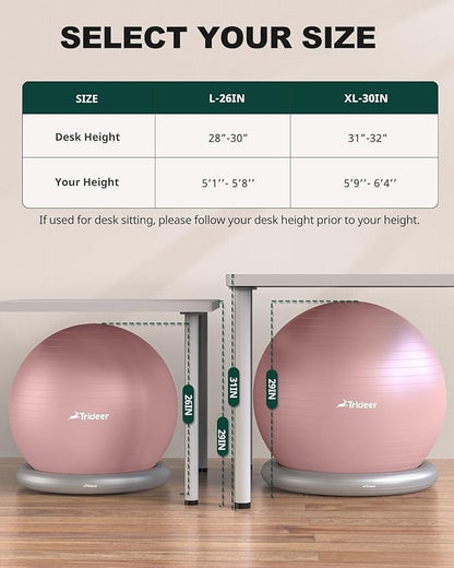 Trideer Exercise Yoga Ball Chair with Base for Home Office Desk, Stability & Fitness Ball Seat to Relieve Back Pain, Home Gym Workout for Abs, Pregnancy Ball with Pump