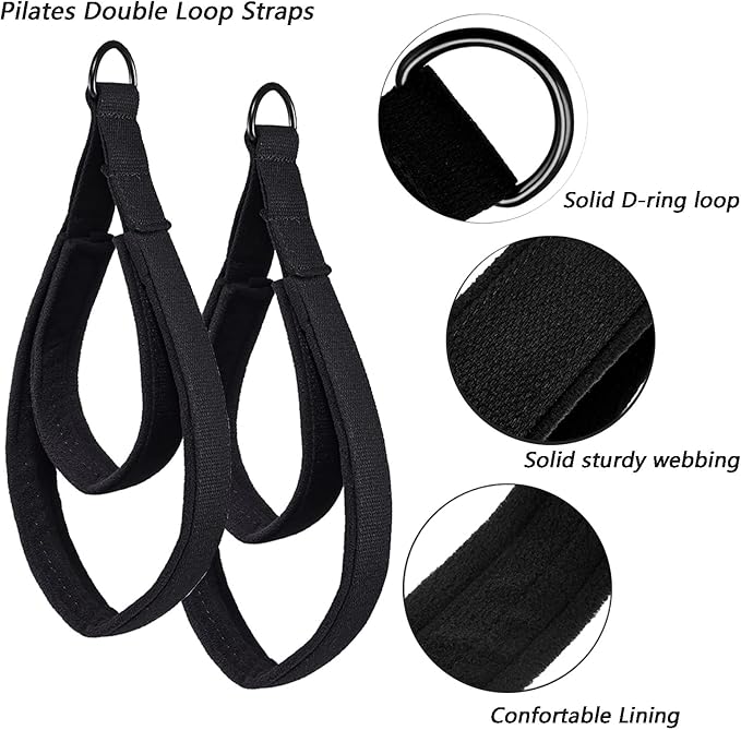 2Pcs Pilates Double Loop Straps Feet Fitness Equipment Straps Double Padded Pilates D-Ring Loops Yoga Double Loop Straps Handle Straps Pilates Reformer Accessories for Home Gym Workout
