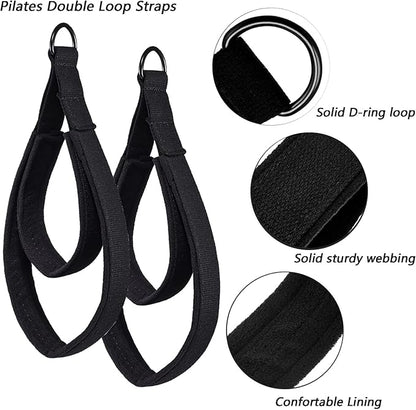 2Pcs Pilates Double Loop Straps Feet Fitness Equipment Straps Double Padded Pilates D-Ring Loops Yoga Double Loop Straps Handle Straps Pilates Reformer Accessories for Home Gym Workout