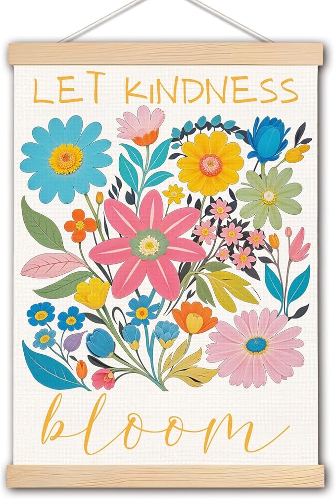 DNEULYR Let Kindness Bloom Mental Health Poster Hanger Frame, Boho Floral Wall Decor, Motivational Mental Health Wall Art Banner for Classroom Kids Room School Counselor Office Decor, 12.5x17 Inch