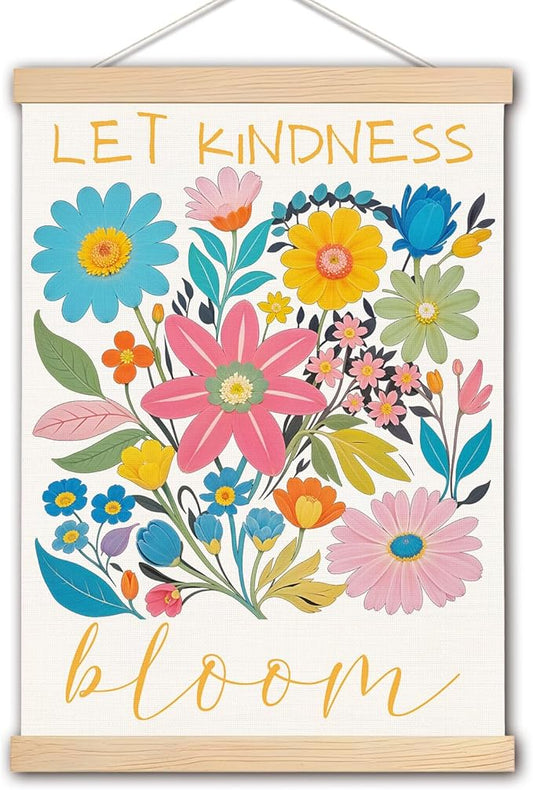 DNEULYR Let Kindness Bloom Mental Health Poster Hanger Frame, Boho Floral Wall Decor, Motivational Mental Health Wall Art Banner for Classroom Kids Room School Counselor Office Decor, 12.5x17 Inch