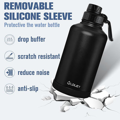 OLDLEY 64 oz Insulated Water Bottle With Straw, Stainless Steel Sports Water Cup Flask with 3 Lids(Straw, Spout and Handle Lid) Double Walled Travel Thermal Canteen Mug,Black