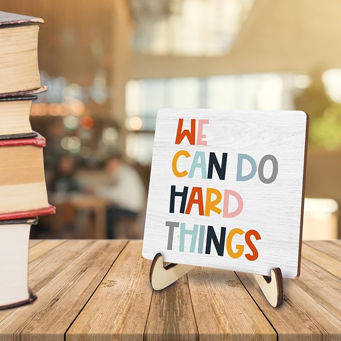 Decorative Desk Decor Motivational Affirmations Plaque with Wooden Stand Inspirational Mental Health Wood Sign for Office Nursery Homeschool Classroom Education Reading Corner Table Shelf