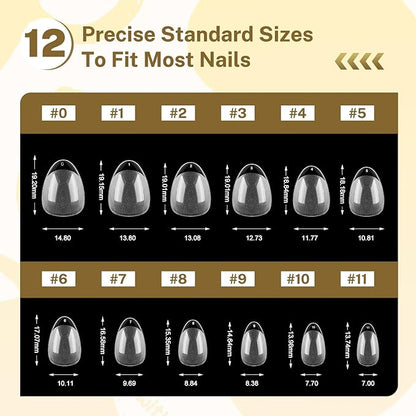 JODSONE Short Obese Almond Nail Tips 240Pcs Soft Nail Gel Tips 12 Sizes Half Matte Full Cover Clear Gelly Press on Flase Nail Tips for Extension Nail Manicure Home DIY