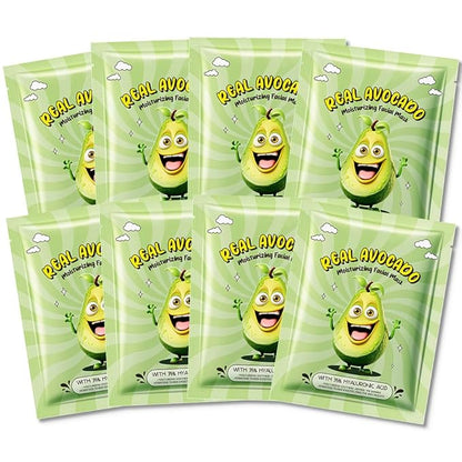 8 PCS Real Hydrating Nature Face Masks Skincare, Hyaluronic Acid, Vitamin C and E, Chamomile, Korean Beauty Essence Facial Paper Sheet Mask for Skin Care Moisturizing (Avocado)