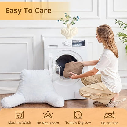 Sasttie Reading Pillow, Velvet Back Pillow for Bed Sitting Up, Adult Back-Rest Support Cushion with Arms for Sit Up on Couch, Sofa, and Floor, Dorm Essentials, Reading Accessories, Light Brown