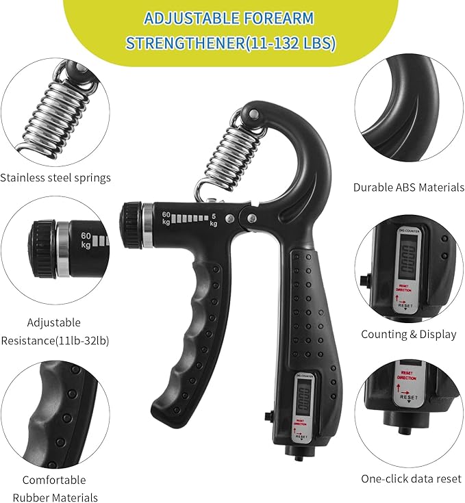 7PCS Grip Strength Trainer Kit, 2 Adjustable Forearm Resistance Grips, Finger Stretchers, Grip Ring, Hand Squeeze Ball, Finger Exercises, User Manual, Suitable for Hand Training, Suitable for Everyone