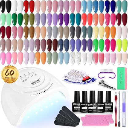 JODSONE Gel Nail Polish Kit 60 PCS with U V Light Soak off Base Top Coat 55 Shine Colors Gel Nail Kit Bright and Dark Brown Wine Red Series Manicure Set for Women and Girls