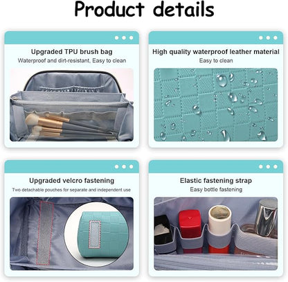 BOYATU Travel Makeup Bag Organizer Cosmetic Bag: 3 Pcs Set Make up Bags for Women with Handle - Waterproof Vegan Leather Toiletry Bags Travel Essentials Pouch with Compartments (C-02-Blue)