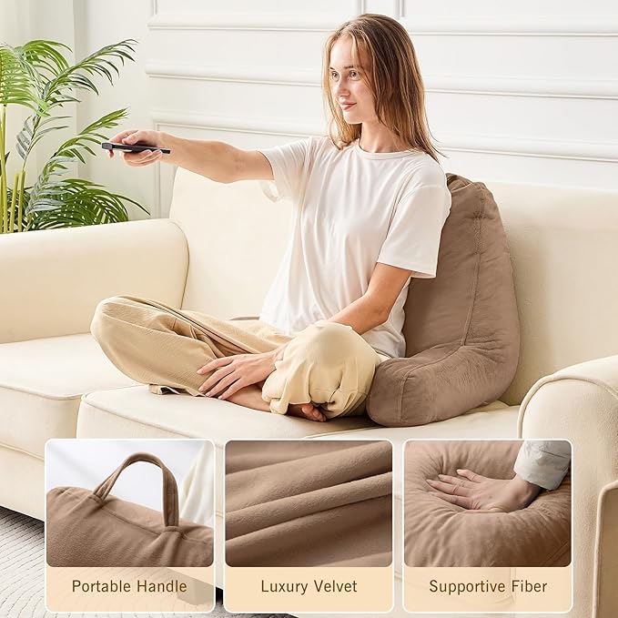 Sasttie Reading Pillow, Velvet Back Pillow for Bed Sitting Up, Adult Back-Rest Support Cushion with Arms for Sit Up on Couch, Sofa, and Floor, Dorm Essentials, Reading Accessories, Light Brown