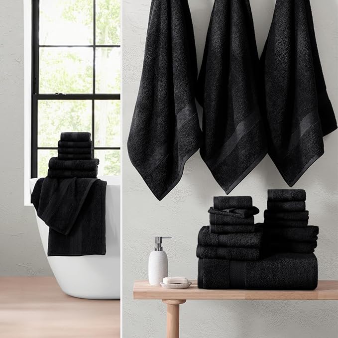 Lane Linen 100% Cotton Bathroom Towel Set - 24 Pc - Durable & Absorbent, Super Soft, Daily Use, Machine Washable - 2 Bath Sheet, 4 Bath, 4 Fingertip, 6 Hand, 8 Washcloth - For Boys, Gym & Dorm - Black