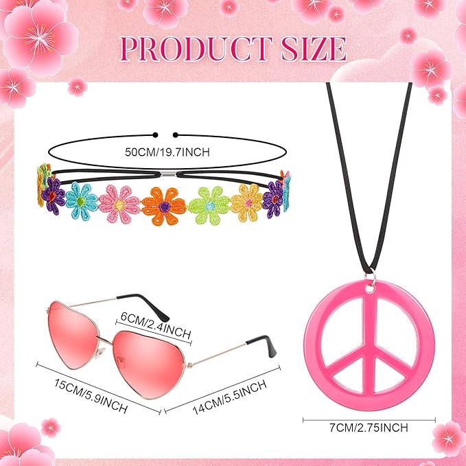 WILLBOND 60s 70s Accessories for Women Hippie Costume Accessories Peace Sign Necklace Headband Hair Wreath Sunglasses