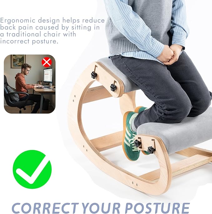 Ergonomic Office Kneeling Chair,Wooden Posture Knee Desk Chair for Work,Yoga Rocking Chairs for Relieve Back Pain,Kneel Adjustable Chair for Gaming,Home