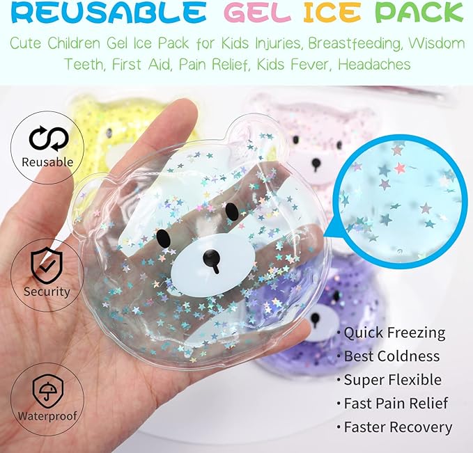 (4 Pcs) Kids Reusable Gel Ice Pack, Boo Boo Ice Pack, Cute Children Gel Ice Pack for Kids Injuries, Kids Cute Lunch ice Pack, Breastfeeding, Wisdom Teeth, Pain Relief, Kids Fever, Headaches