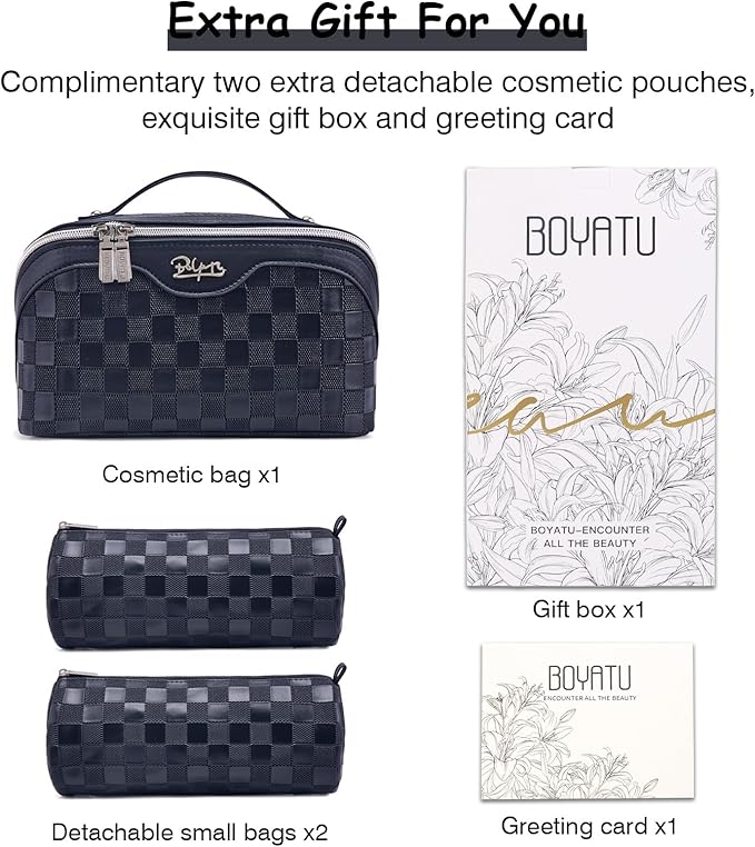 BOYATU Travel Makeup Bag Organizer Cosmetic Bag: 3 Pcs Set Make up Bags for Women with Handle - Waterproof Vegan Leather Toiletry Bags Travel Essentials Pouch with Compartments (C-12-Dark Blue)