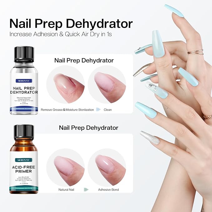 Morovan Nail Primer And Natural Nail Prep Dehydrate Set, Nail Dehydrator and Primer, Fast Air Dry For Gel Polish & Acrylic Powder, Gel Nail Primer and Dehydrator 30ml / 1oz