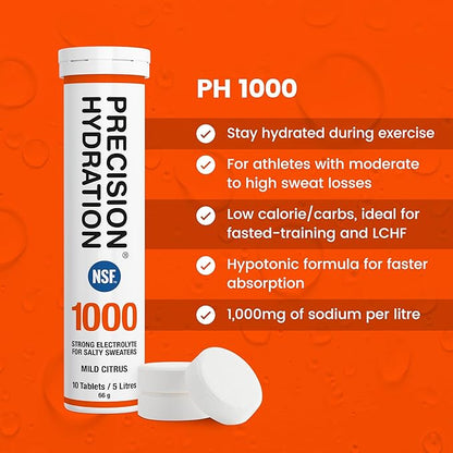 Precision Hydration Electrolyte Tablets - Multi Strength Effervescent Hydration Tablets - Combats Cramp - Low Calorie, Gluten Free, Vegan/Vegetarian Friendly (12 Tubes, 1000mg/L - Orange Tube)