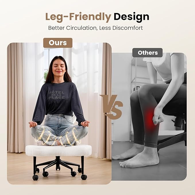 Ergonomic Cross Legged Chair, Wide Vanity Chair with Wheels, Meditation Chair for ADHD, Comfortable Adjustable Swivel Computer Office Desk Chairs for Home, Make Up, Bed Room, Corduroy Fabric, White